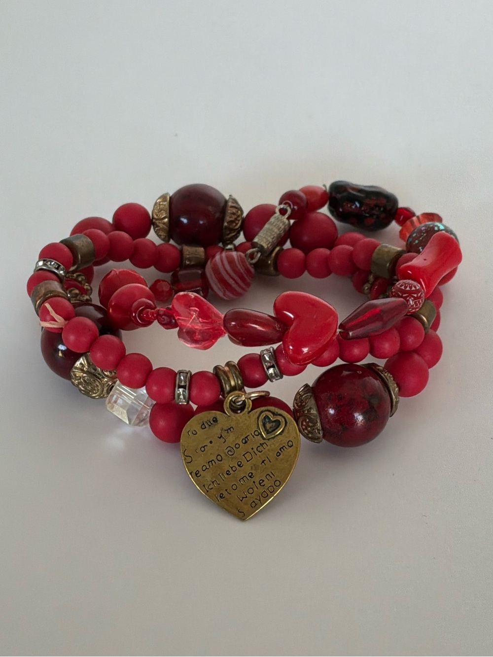 Bundle of 3 Red Beaded Stretch Bracelets Heart Charm Mixed Beads
